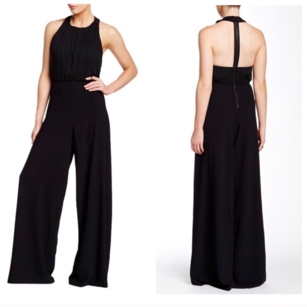Alice + Olivia Gab Pleated Halter Jumpsuit Wide Leg Cut Out Back Black
